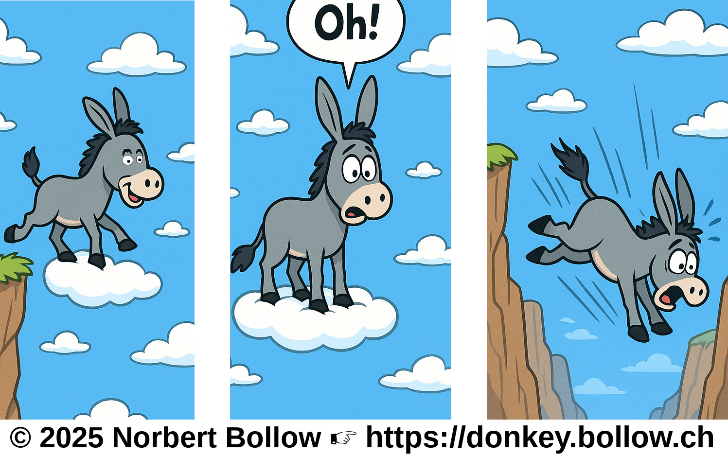 cartoon gravity cartoon strip with a donkey who steps from a cliff onto a cloud but falls only after realizing the lack of solid groud
